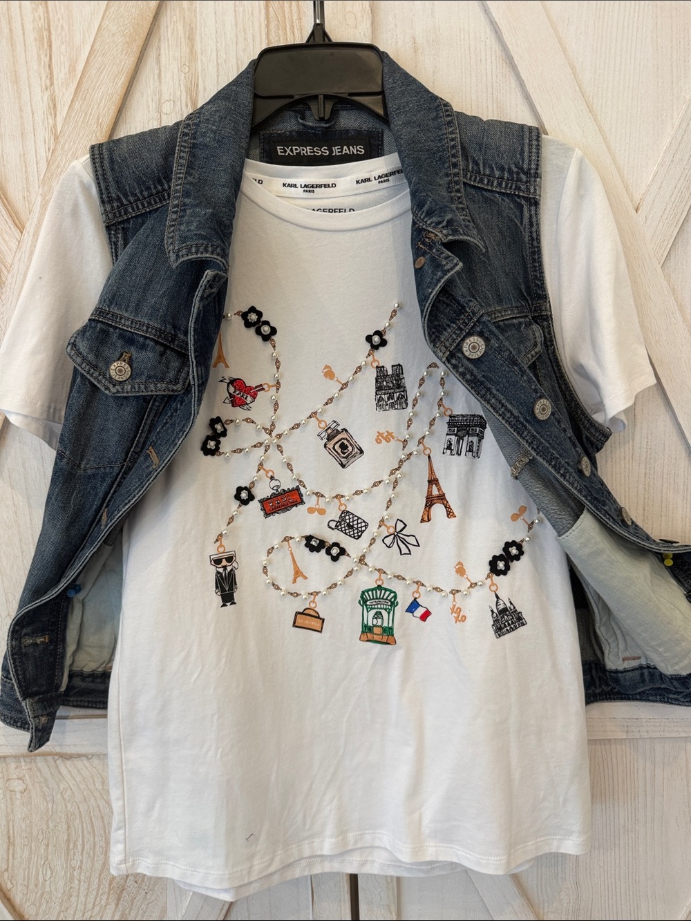 Brand New Karl Lagerfeld White Short-Sleeve Tee with Paris Charm Graphic
